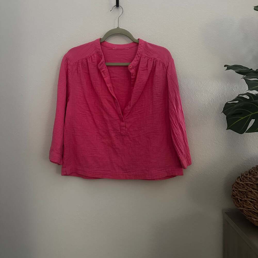 Hot Pink‎ Split-Neck Crinkle Gauze Top Size M Boho Coastal Summer
